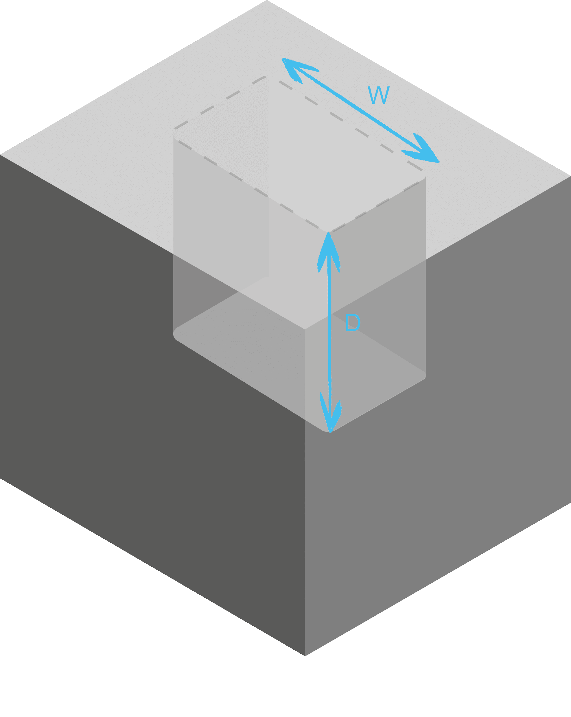 Viereckiges Bauteil mit eingefrästem Hohlraum mit suboptimaler Hohlraumtiefe, Hohlraumtiefe ist größer als das Vierfache der Hohlraumbreite