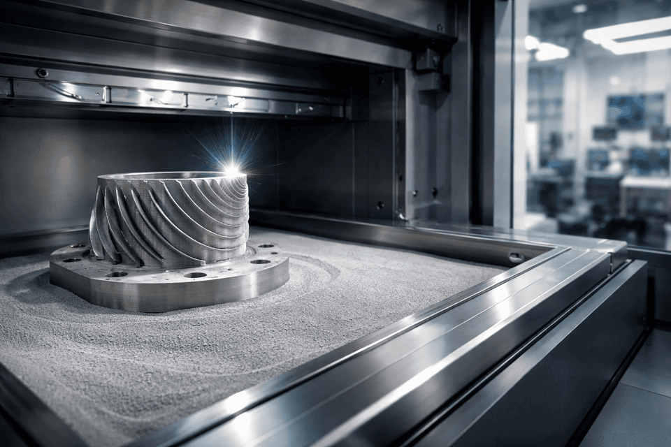Industrial additive manufacturing machine building a layered metal component inside a clean production chamber.