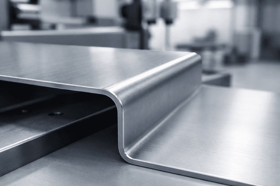 Bent sheet-metal profile showing a smooth inner bend radius in a precision manufacturing context.