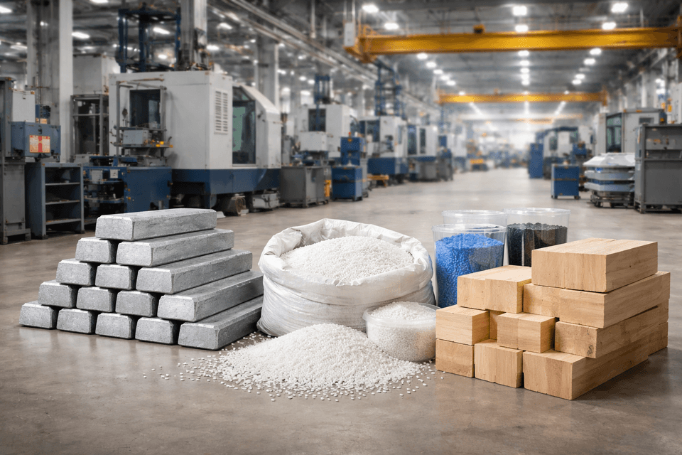 Industrial factory scene showing various types of blanks including metal ingots, plastic granules, and wooden blocks ready for further processing