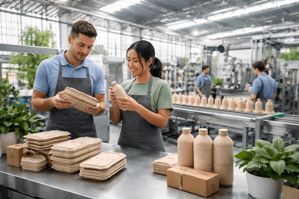 Modern factory with eco-friendly products being inspected under bright natural light