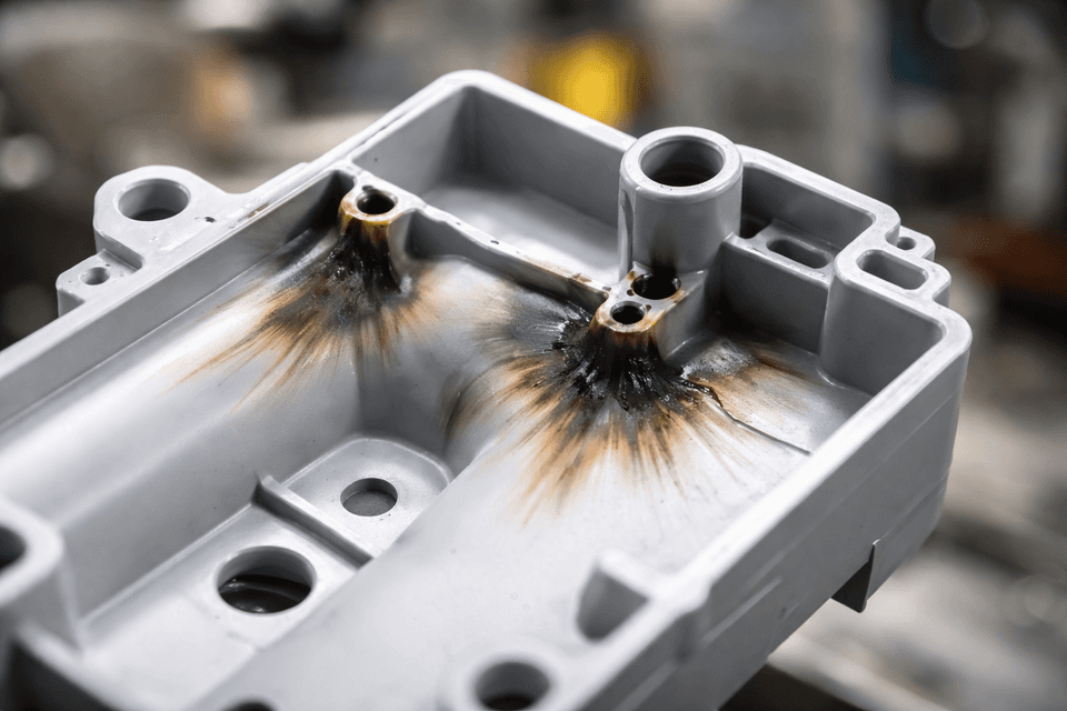 Photorealistic close-up of a plastic injection molded part surface showing dark burn marks and streaks indicating thermal damage in the mold cavity