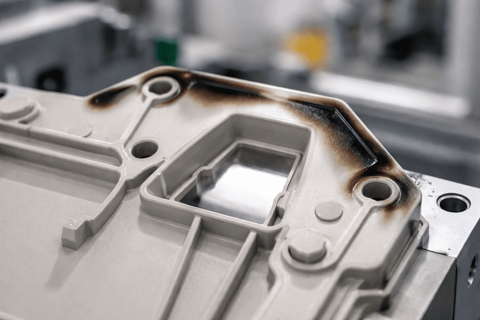 Close-up of a plastic injection molded part showing dark burn marks near cavity edges