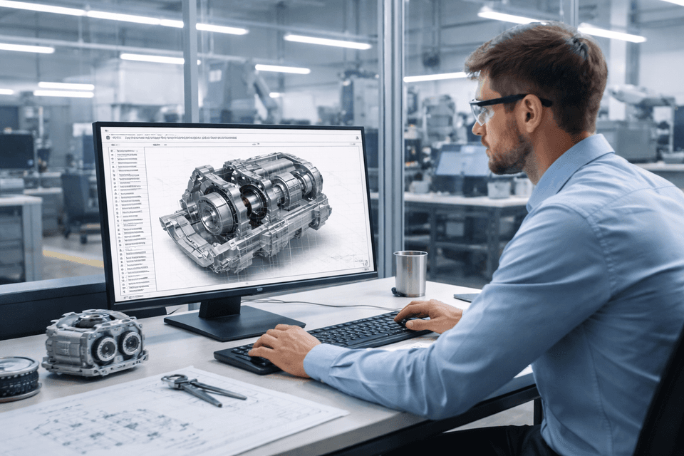 Photorealistic image of an engineer working on a computer with 3D technical designs displayed on the screen