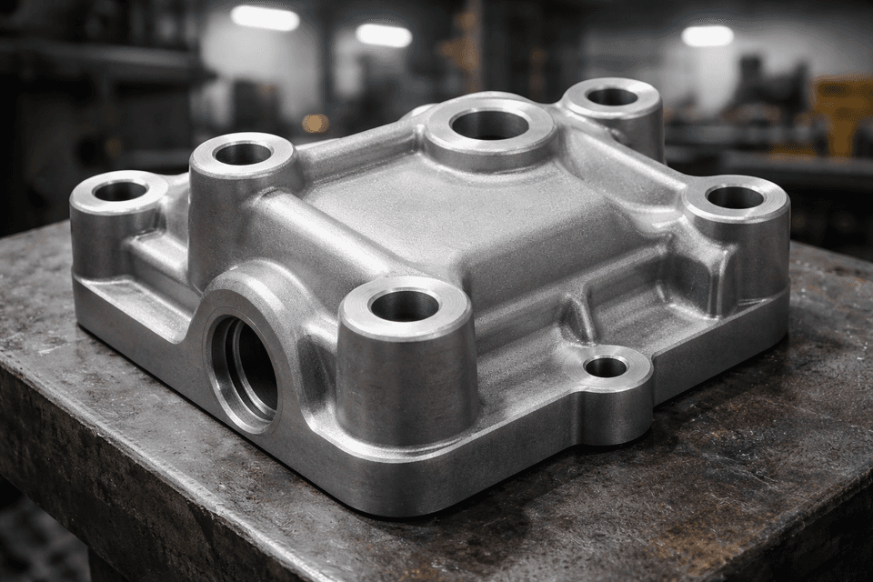 Close-up of a metallic casting component showing smooth rounded corners and edges under industrial lighting