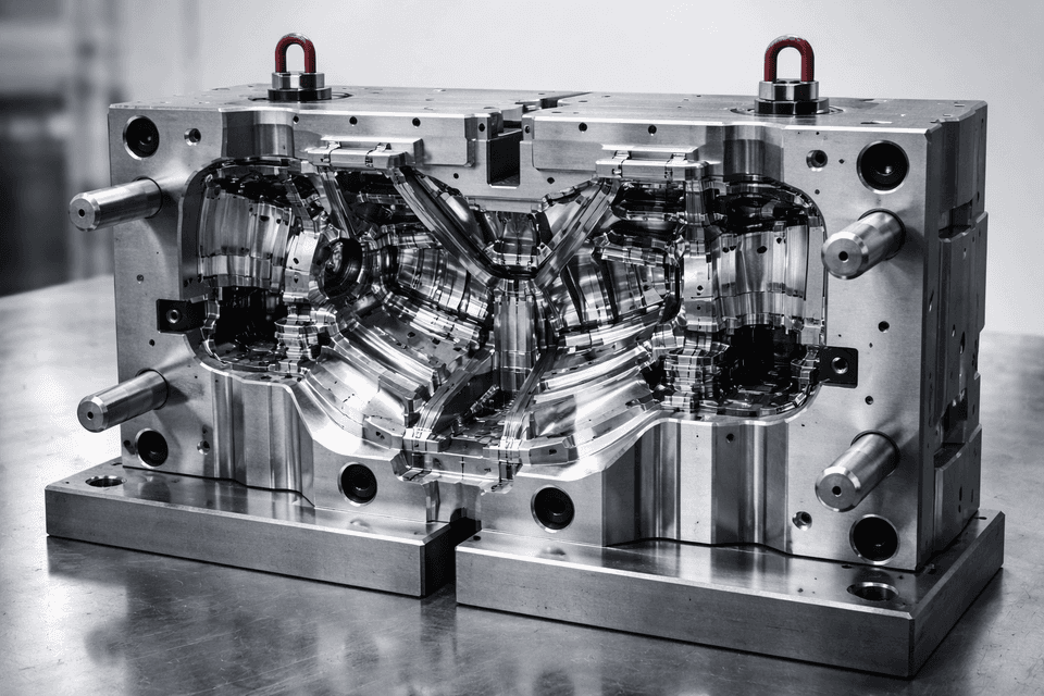 Photorealistic industrial mold cavity showing a shiny metal hollow space in an injection mold with complex shape geometry under strong studio lighting, representing the concept of a cavity in manufacturing