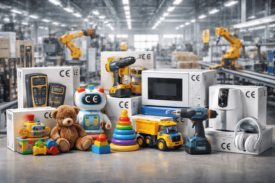 Industrial product with CE mark label on packaging in factory environment