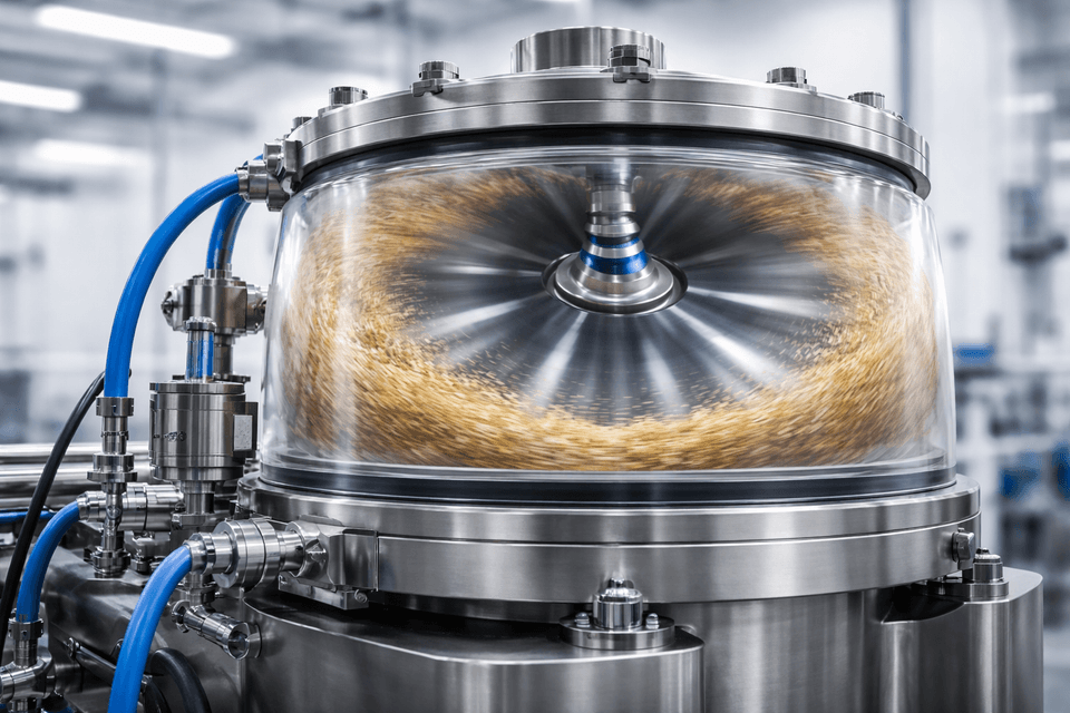 High-speed industrial centrifuge showing outward force effects on materials in a lab environment