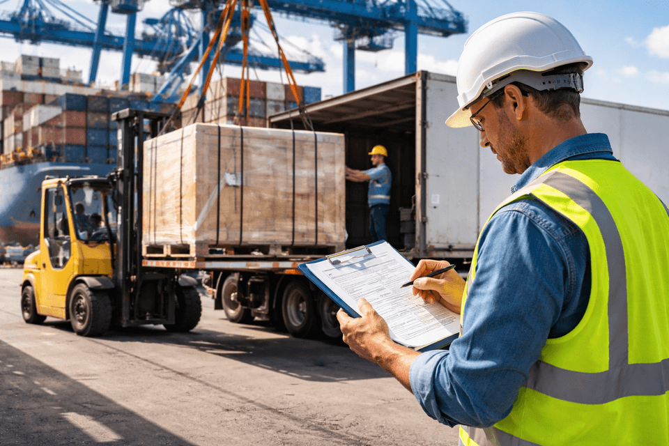 Industrial cargo being loaded onto a truck with visible insurance documentation