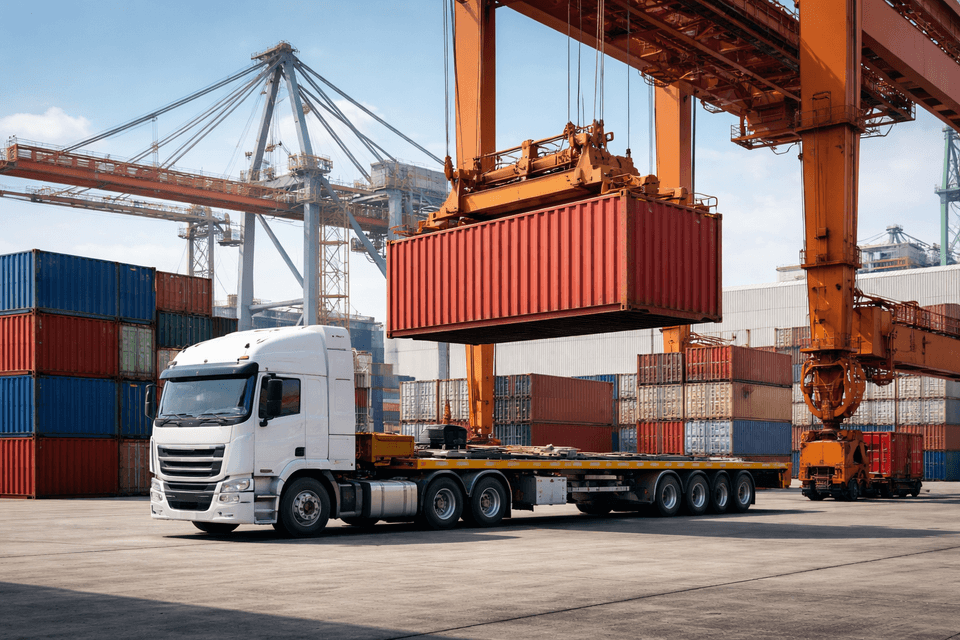 Cargo containers being loaded onto a freight truck at an industrial port