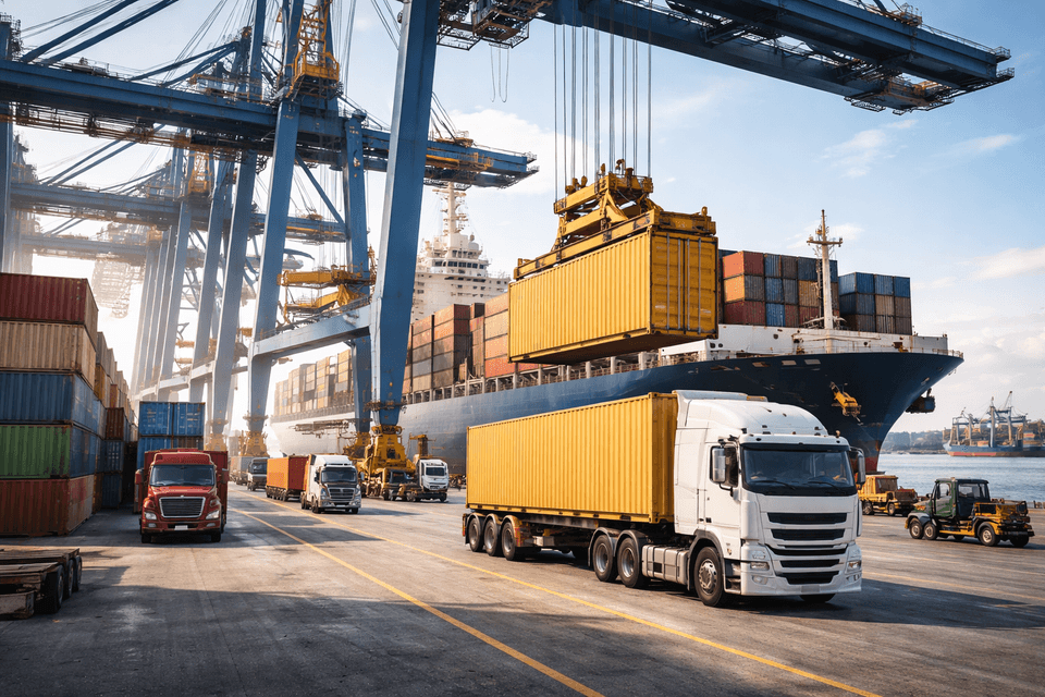 Cargo containers being unloaded at a busy international shipping port with cranes and trucks in the background.