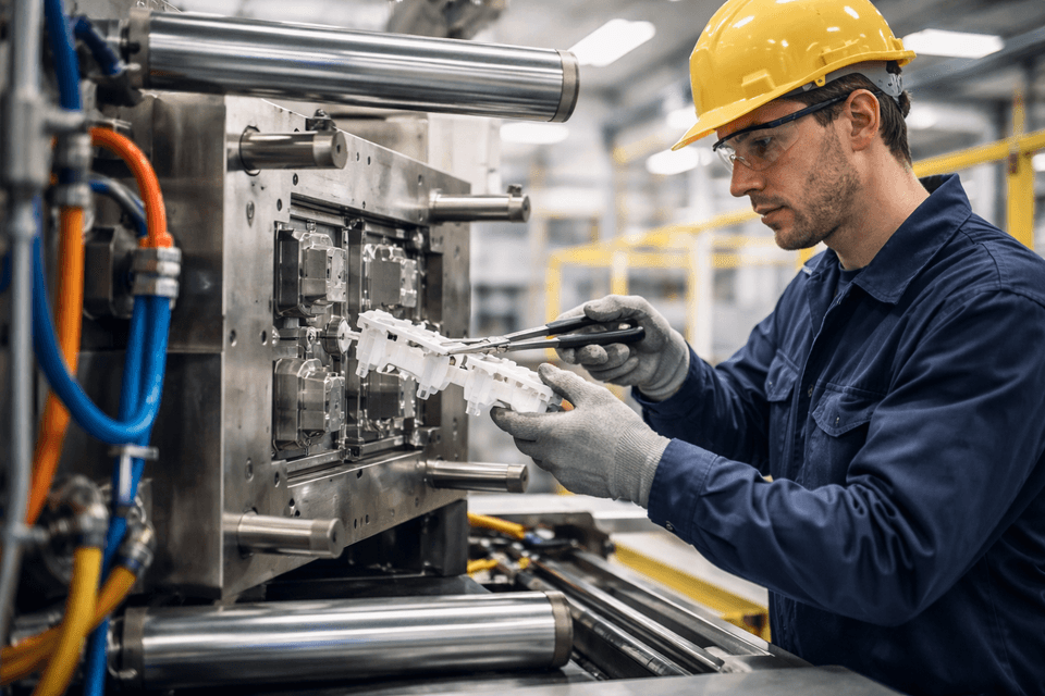 Industrial worker carefully removing a freshly molded plastic part from an injection molding machine.