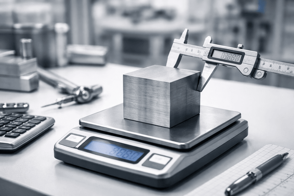 Close-up of a metallic block being measured for density in an industrial laboratory environment