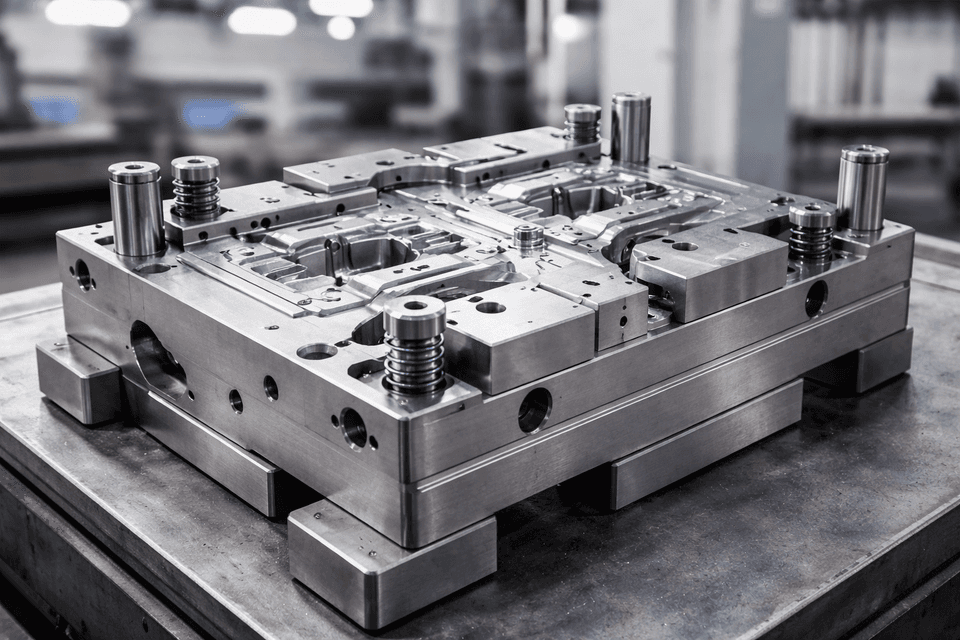 Photorealistic image of a metal die used in industrial manufacturing for shaping or cutting materials