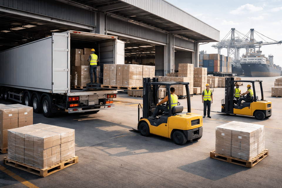 Industrial dock scene showing cargo being unloaded from a freight truck at a manufacturing facility.