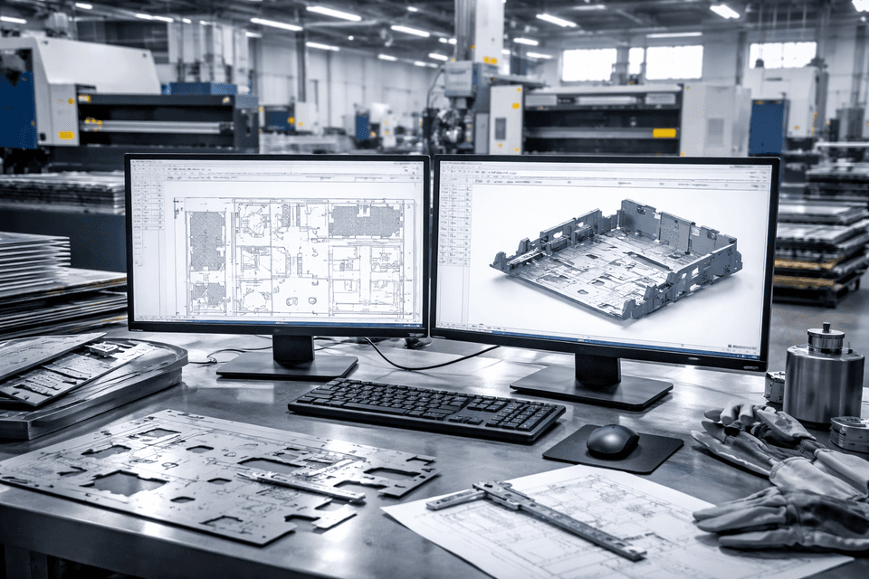 An industrial workspace featuring a computer screen displaying a CAD program with a 2D technical drawing and a laser cutting machine preparing to cut sheet metal based on the design.