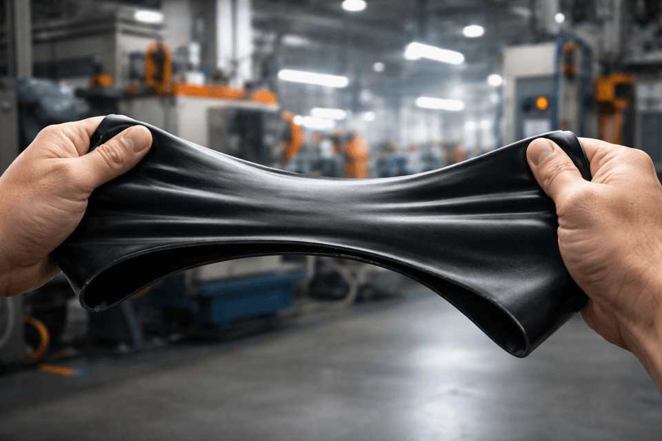 Industrial setup showing a rubber sheet under mechanical stress returning to its original shape.