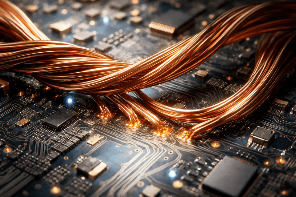 Close-up of copper wires and circuit board showing electrical conductivity