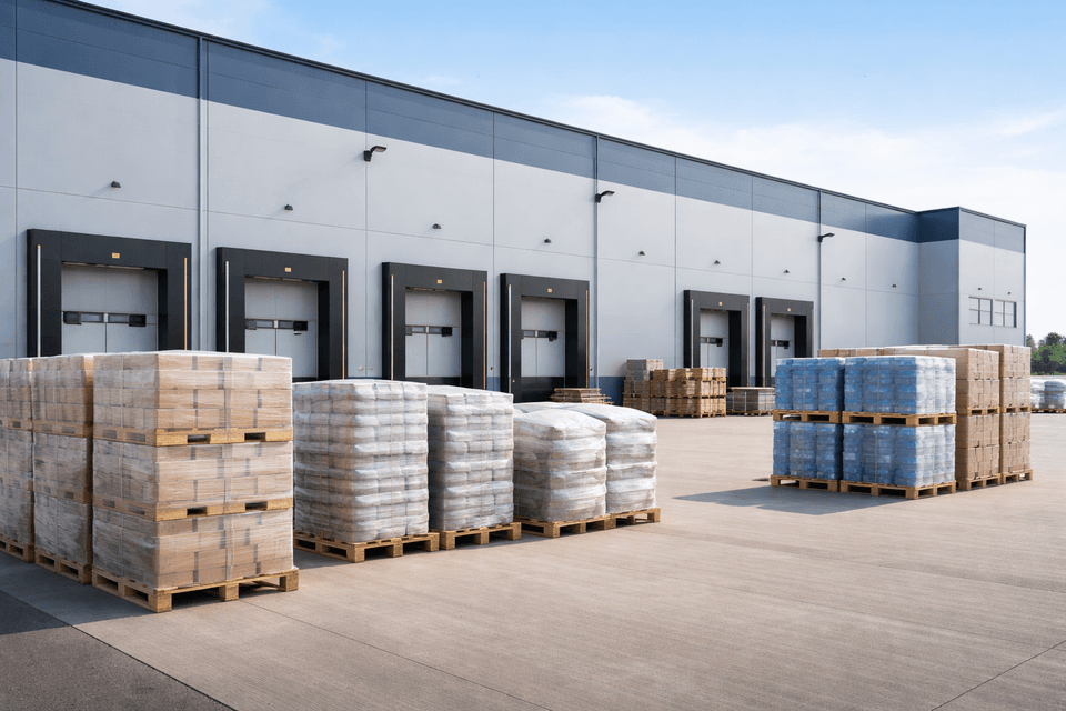 Industrial warehouse exterior with goods ready for pickup under EXW terms