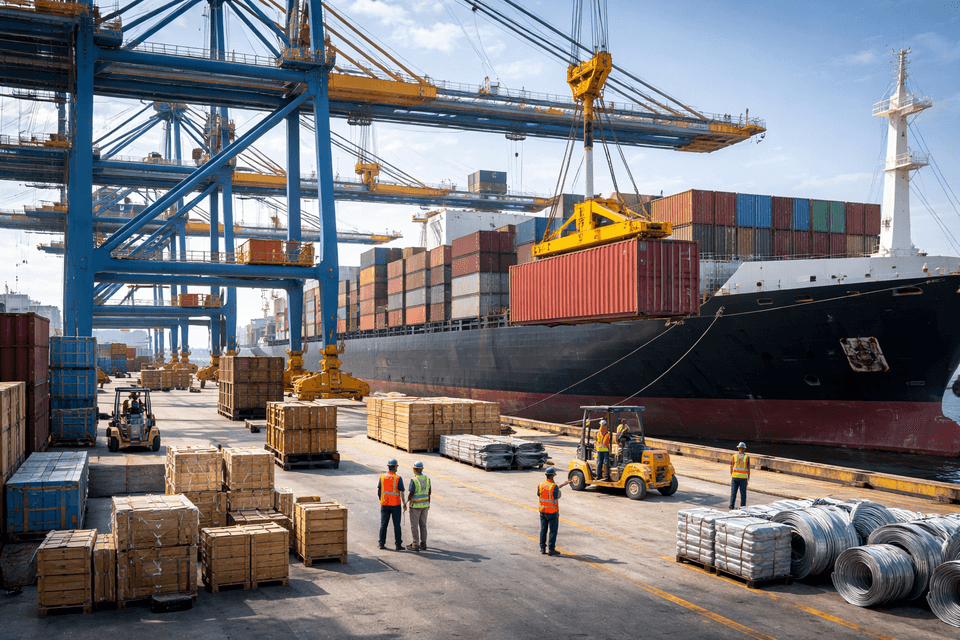 Cargo containers placed alongside a ship at a busy maritime port with cranes and workers actively loading and unloading goods