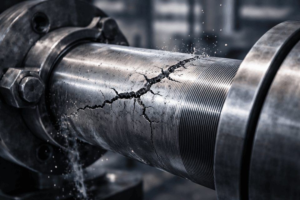 Photorealistic close-up of a metal component with visible microcracks under mechanical cyclic stress in an industrial setting