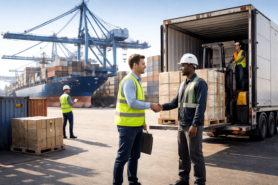 Industrial cargo handover between a seller and a carrier at a shipping dock