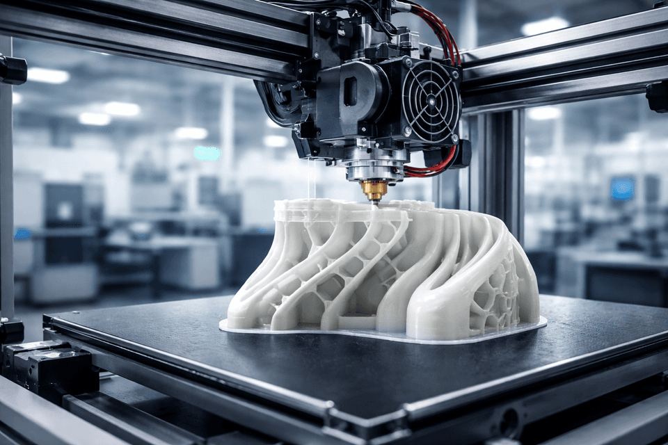 Industrial FDM 3D printer producing a complex thermoplastic prototype