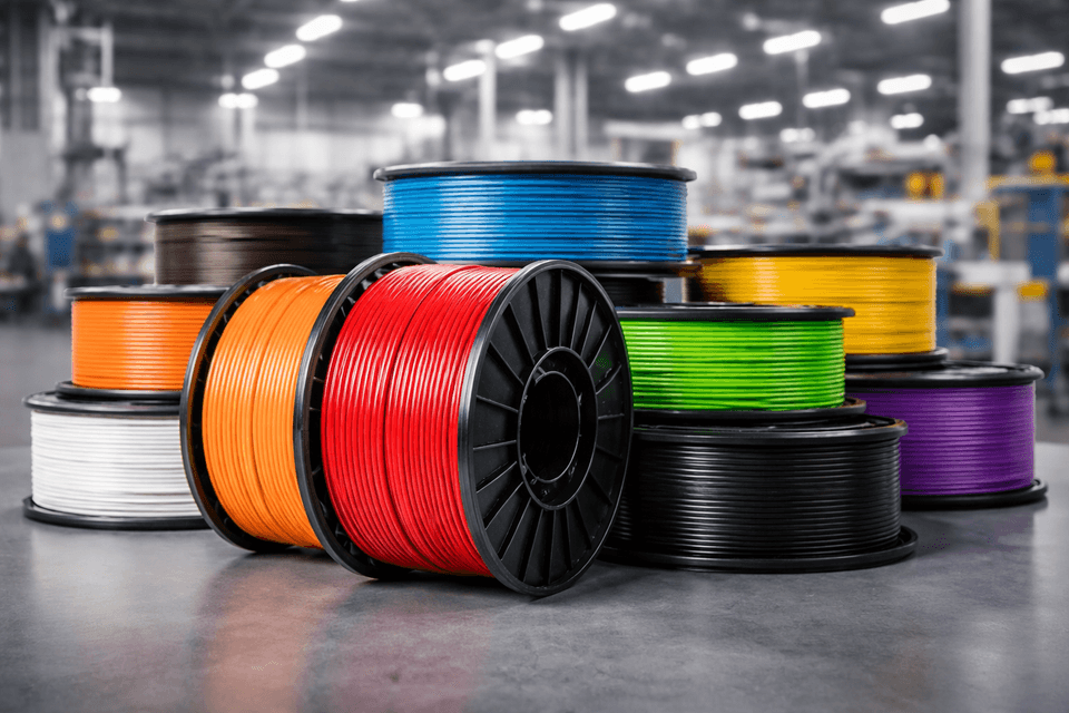 Close-up of colorful plastic filament spools for 3D printing in an industrial setting