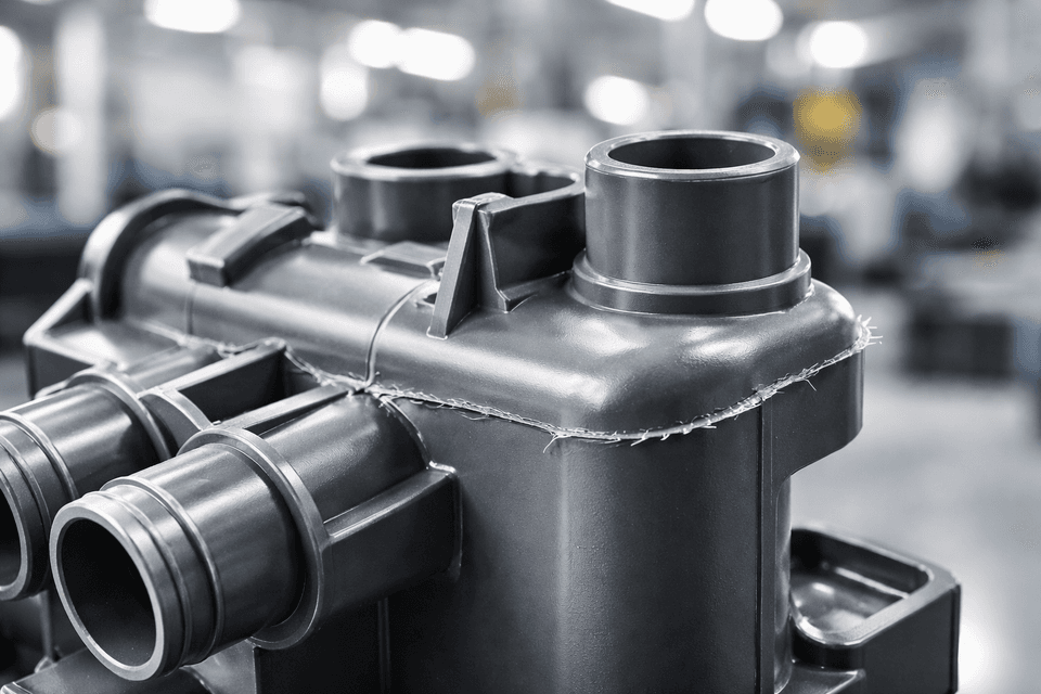 Close-up of a molded plastic part showing excess material along the parting line typical of flash or burr defects in injection molding