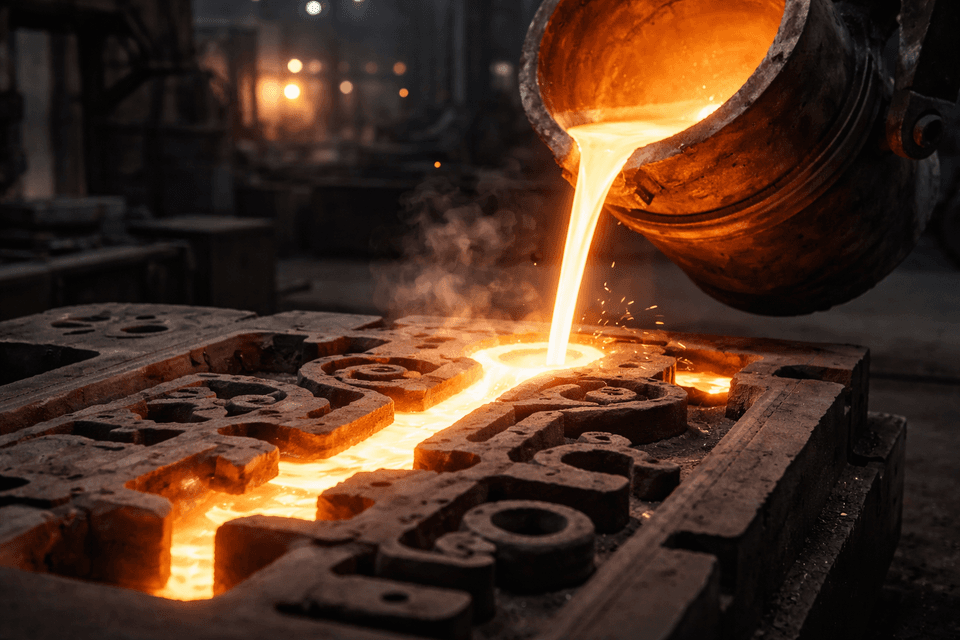 Industrial process showing molten material flowing uniformly into a complex mold during casting