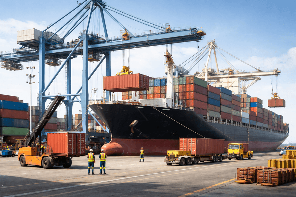Industrial cargo ship being loaded at port with containers in the foreground and cranes in the background