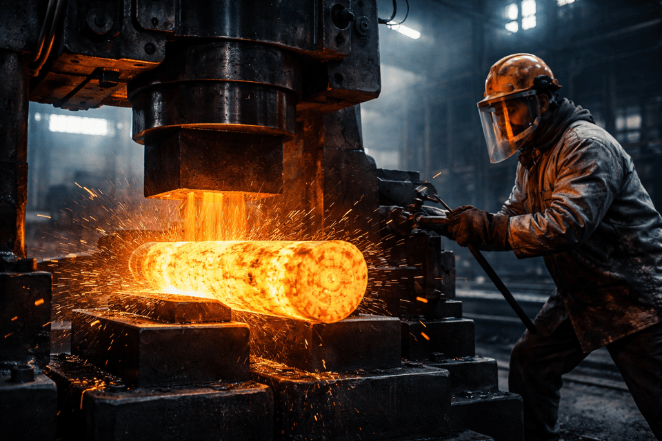 Forging process showing heated metal being shaped by industrial hammer