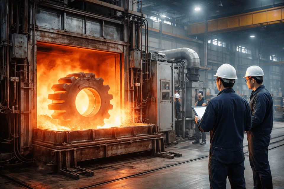 Industrial process showing metal component undergoing thermal treatment in a furnace