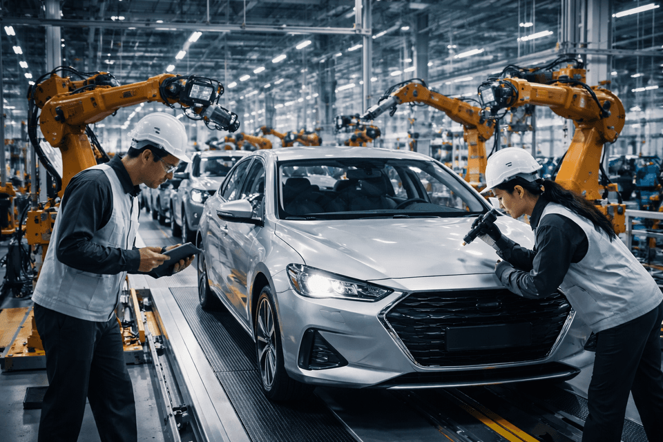 Modern automotive assembly line showing robotic and manual quality control processes