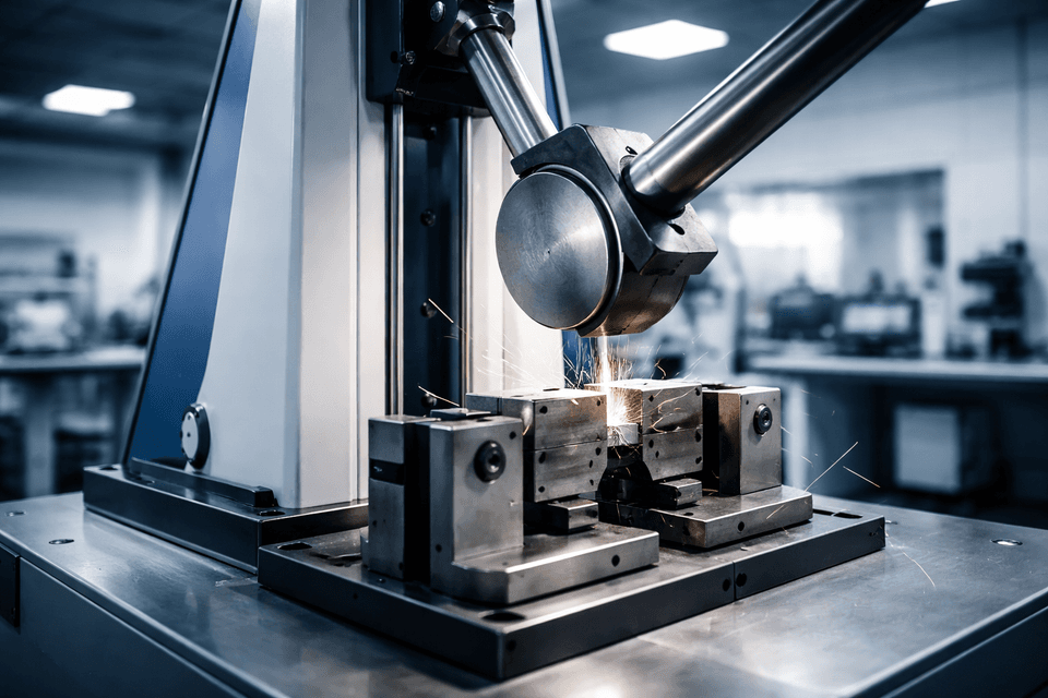 Industrial test measuring impact resistance of metal samples with a swinging pendulum hammer in a laboratory
