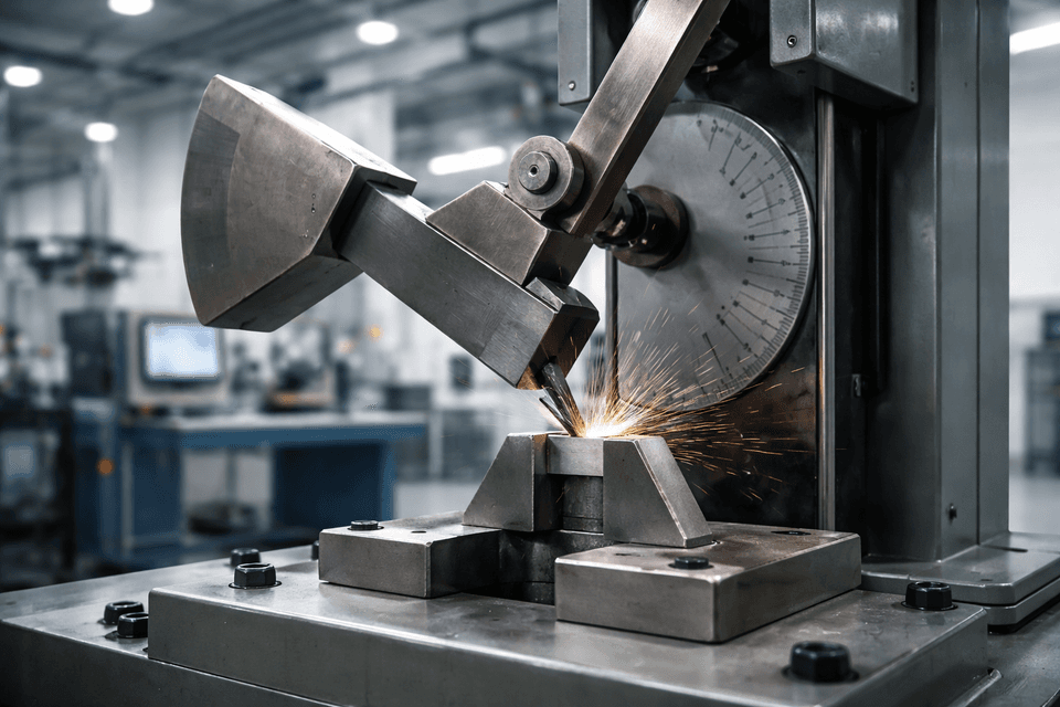 Close-up of a metal impact testing machine with a pendulum striking a notched metal specimen in an industrial lab setting.