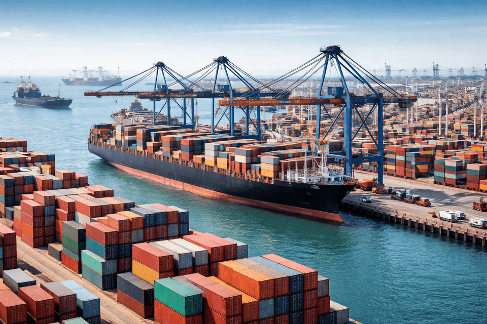 Industrial port with containers and cargo ships representing international trade terms