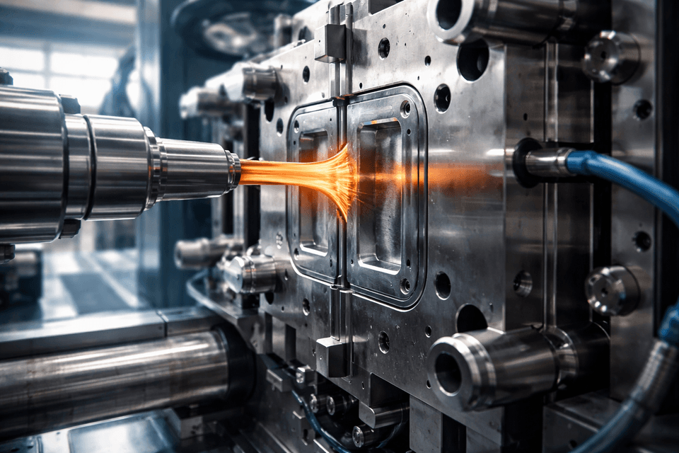 Photorealistic image of molten plastic being injected into a metal mold in an industrial manufacturing setting, showing detailed machinery and precision process