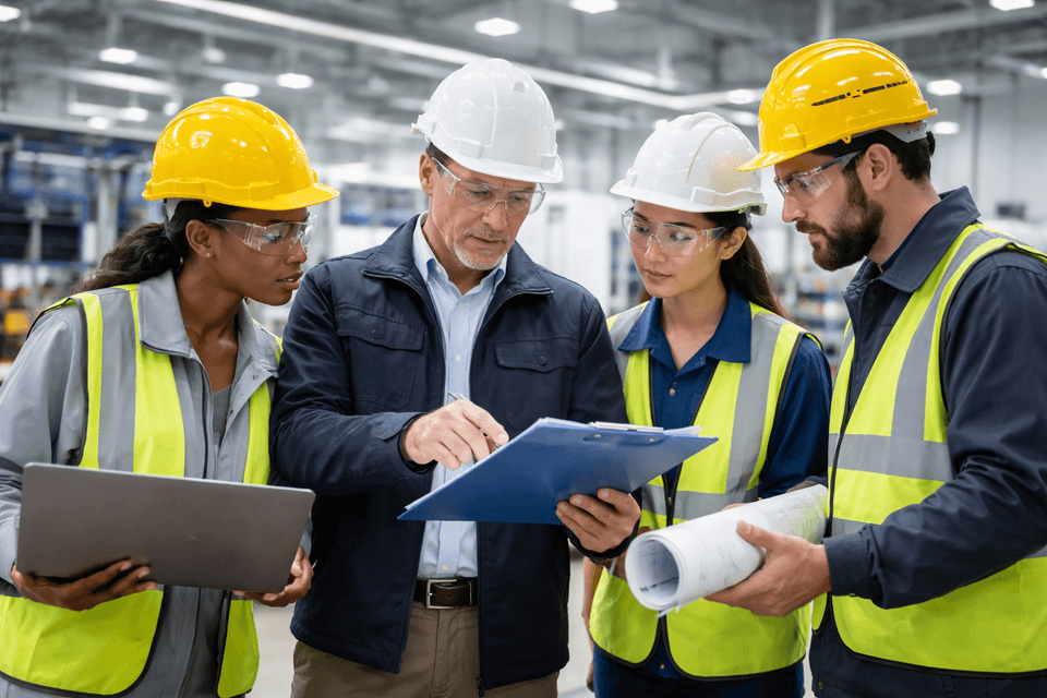 Industrial team reviewing quality management procedures in a modern factory setting