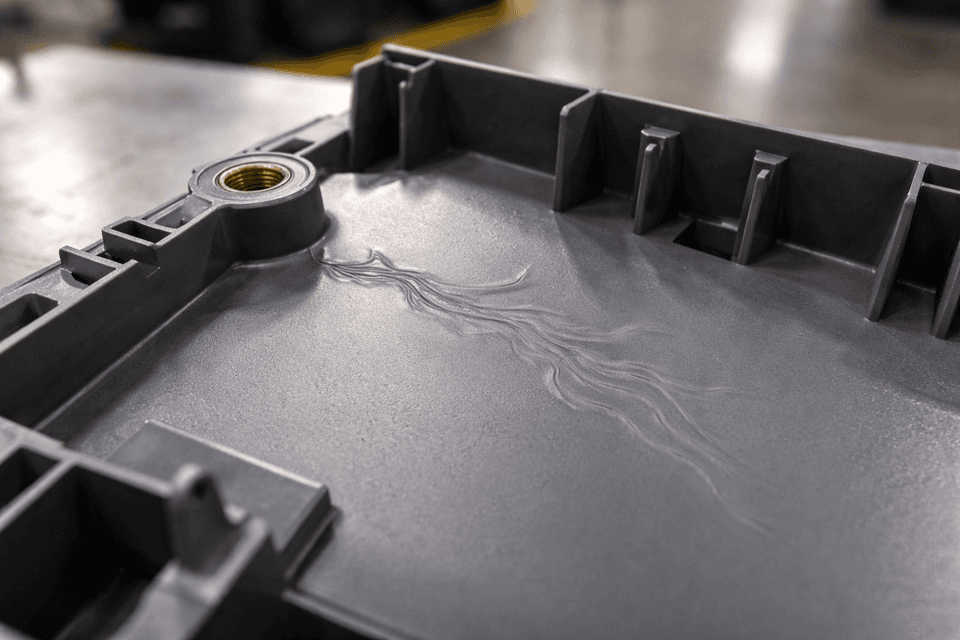 Close-up of plastic injection molding process showing jetting defects on a molded part under industrial lighting