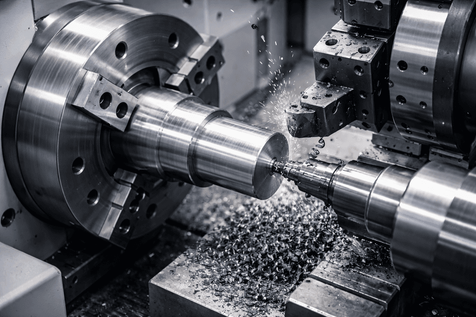Industrial CNC lathe machine working on a metal workpiece with precision cutting tools