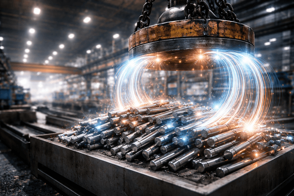 Industrial setup showing ferromagnetic materials responding to an external magnetic field in a manufacturing environment