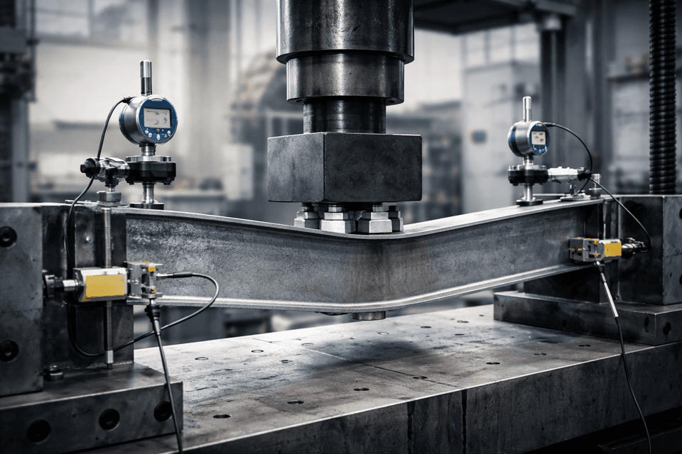 Industrial setup showing a steel beam undergoing stress testing for elasticity