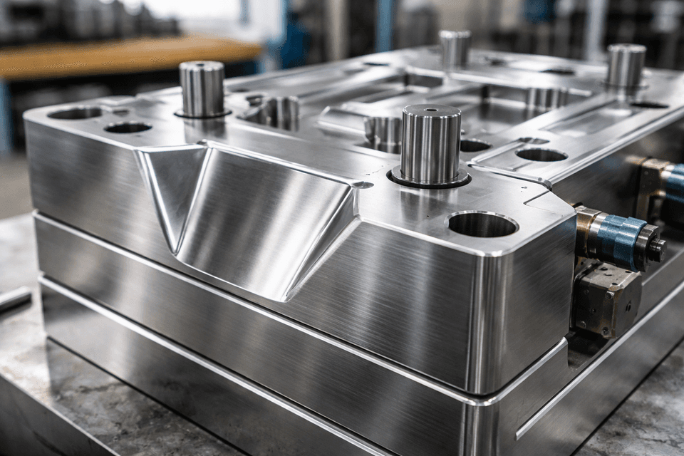 Photorealistic image of a metal injection mold showing clearly the conical tapered sides essential for safe and easy part ejection