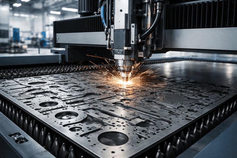 Industrial laser cutting machine arranging metal parts tightly on a sheet to optimize material usage
