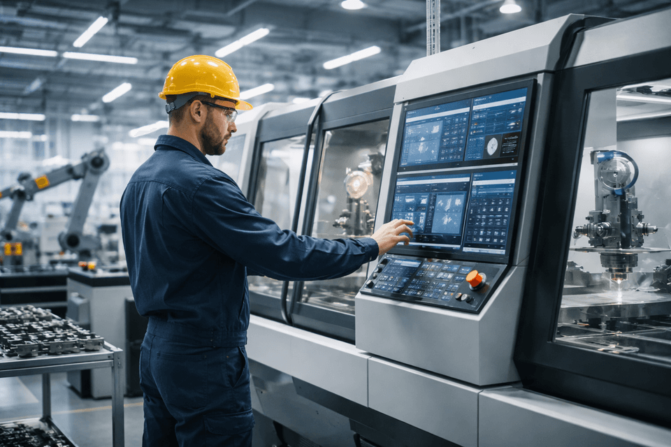 Industrial worker operating advanced machinery with on-demand production screens