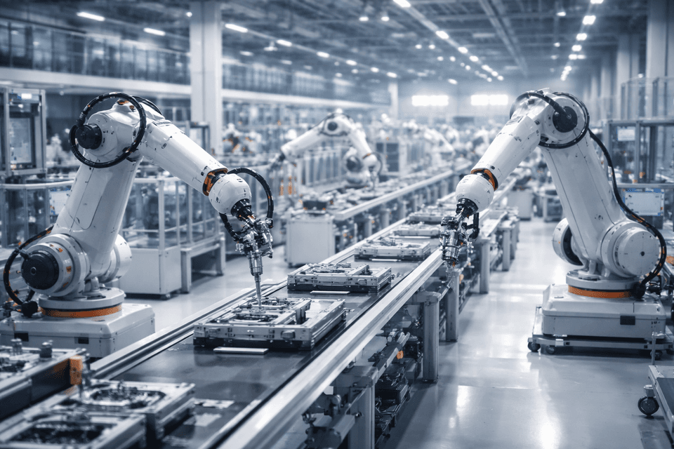 Modern automated manufacturing facility showcasing production lines and industrial robots working seamlessly