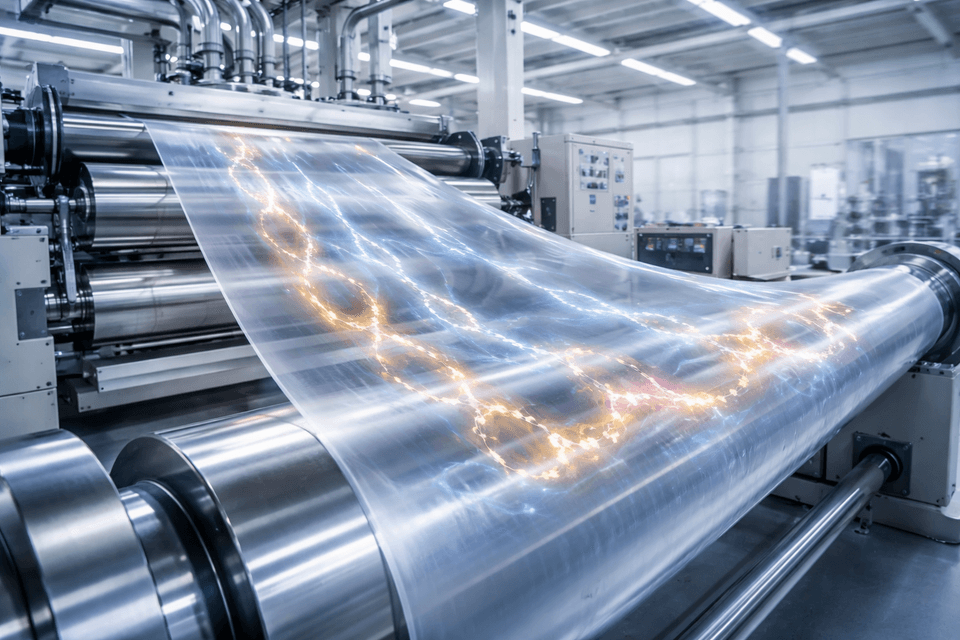 Industrial equipment processing flexible plastic material with glowing polymer chains to illustrate plasticizing