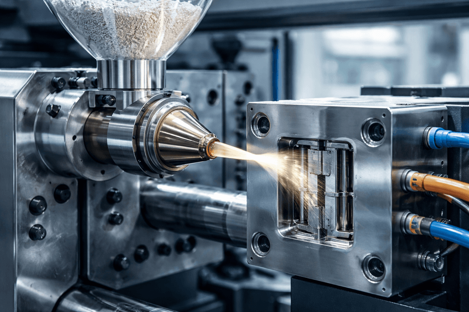 Injection molding machine with clearly visible pre-injector component ensuring uniform plastic flow into the mold