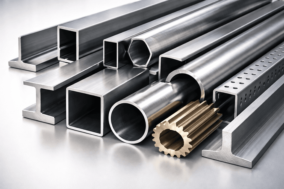Photorealistic industrial hero image showing cross-sectional profiles of various metal components arranged side by side to illustrate shape and material characteristics in machine manufacturing